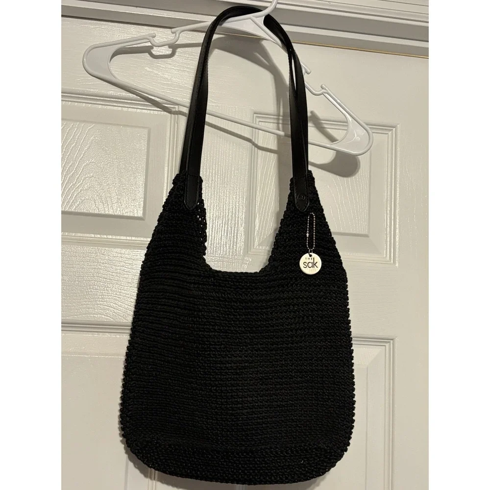 The SAK Bag Black Shoulder Bag Crochet Knit Purse Woven Hobo Handbag